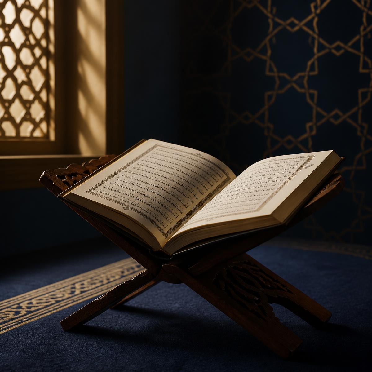 Open Qur'an resting on a carved wooden stand in soft window light